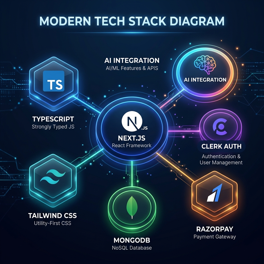 BoltCreator's tech stack — Next.js, TypeScript, MongoDB, Clerk, Razorpay, and AI